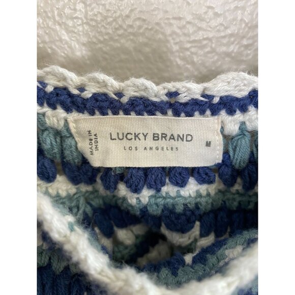 Lucky Brand Crop Tank Top Womans Blue and White Medium Cotton Knit - Picture 3 of 6